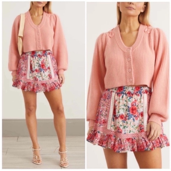 LoveShackFancy Branton Cashmere Cropped Cardigan Sweater Pink - Picture 1 of 10